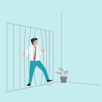 Man try to get out from comfort zone jail. Metaphor of escape from comfort zone. vector