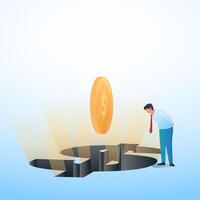people look into a hole shaped like a money symbol and a coin hologram floats metaphor of money trap vector