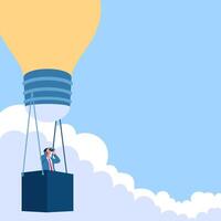 man riding an idea lamp telescopes into the sky, a metaphor for a growing business. Simple flat conceptual illustration. bankrupt vector