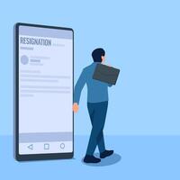 Man carrying briefcase passing cell phone with resignation email, metaphor for resignation. Simple flat conceptual illustration. vector