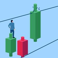 Man sees a high rising candlestick hitting the barrier, a metaphor for a positive breakout stock. Simple flat conceptual illustration. vector