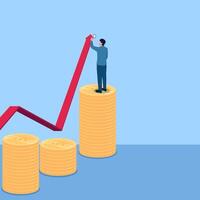 Man measuring the height of a graph that rises by rising on a pile of coins, illustration for scoring. vector