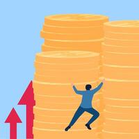 person climbing stack of coins, metaphor of salary increase. Simple flat conceptual illustration. vector