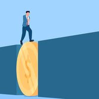 people cross the abyss with the help of coins, a metaphor of business assistance. Simple flat conceptual illustration. vector