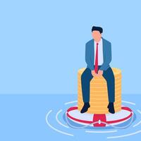 person sitting on a pile of coins on a float, a financial insurance metaphor. Simple flat conceptual illustration. drain vector