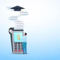 Man click on payment device and graduation cap on the top of the bills metaphor of expensive education. vector