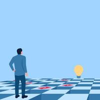 person standing on chessboard looking away at idea, metaphor of business strategy. Simple flat conceptual illustration. vector