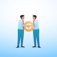 two people shaking hands through the coin slot metaphor of corruption and deal. Business concept illustration. vector