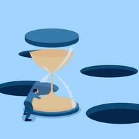 People are careful pushing the hourglass through the hole, the metaphor from time management. Simple flat conceptual illustration. vector