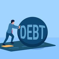 person pushing an iron ball of debt that hits a credit card, a metaphor for the burden of debt. Simple flat conceptual illustration. vector