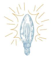 Light bulb hand drawn in a sketch with a bright yellow ray. Engraving style. vector