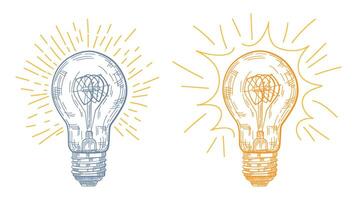 Two light bulb, one yellow and one blue ray. Engraving style. vector