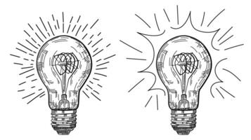 Two light bulb with drawing showing a bright light. vector