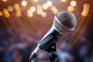 Microphone on a microphone stand with a blurry background photo