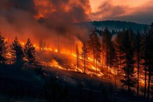 A forest fire is raging through a forest, with smoke photo