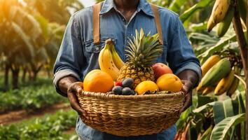 agricultores manos participación un cesta de tropical frutas foto