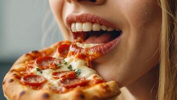 Girl eating pizza close up photo