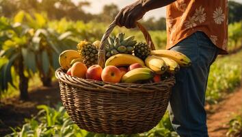 agricultores manos participación un cesta de tropical frutas foto