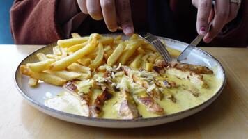 mulher comendo manteiga frango com arroz. e francês fritas video