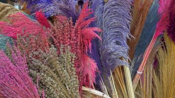 A collection of dried pink and magenta flowers arranged creatively on a table. video