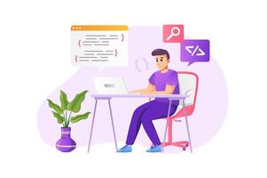 programador trabajando concepto en plano estilo con personas escena. contento hombre codificación y programación a ordenador portátil sentado escritorio a hogar oficina. desarrollador haciendo Tareas en línea. ilustración para web diseño vector