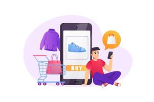 inteligente compras concepto en plano estilo con personas escena. contento hombre haciendo compras y ordenando nuevo ropa con bueno precios utilizando móvil aplicación y en línea pago. ilustración para web diseño vector