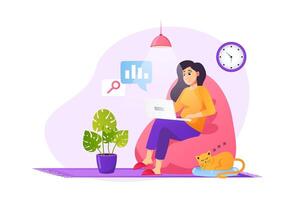 Lanza libre trabajando concepto en plano estilo con personas escena. contento mujer haciendo en línea Tareas y haciendo datos análisis a ordenador portátil sentado en Sillón a hogar oficina. ilustración para web diseño vector