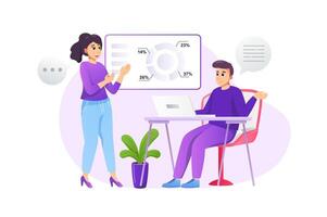 Business meeting concept in flat style with people scene. Man and woman discuss financial data and generate ideas in conference room. Colleagues work in office. illustration for web design vector