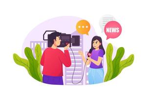 Journalism concept in flat style with people scene. Happy woman reporter tells news into microphone while cameraman recording . Correspondent working in studio. illustration for web design vector