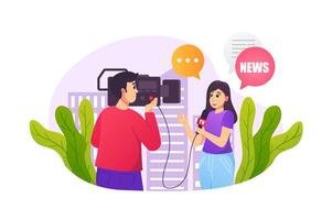 Journalism concept in flat style with people scene. Happy woman reporter tells news into microphone while cameraman recording . Correspondent working in studio. illustration for web design vector