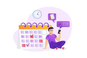 planificación concepto en plano estilo con personas escena. contento hombre hace diario calendario utilizando móvil solicitud, marcas importante fechas en calendario y planes trabajo tareas. ilustración para web diseño vector