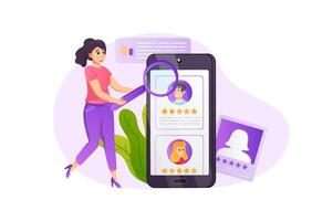 reclutamiento concepto en plano estilo con personas escena. mujer con lupa selecciona reanuda de mejor especialistas para vacante. cazatalentos mirando para empleados en línea. ilustración para web diseño vector