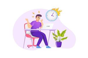 Deadline concept in flat style with people scene. Frustrated and angry man working on laptop, rushing to complete work tasks on time, getting stressed at overtime. illustration for web design vector