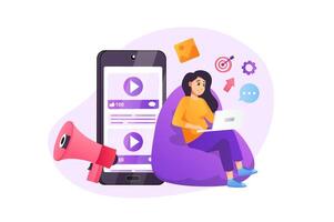 Digital marketing concept in flat style with people scene. Woman sharing promotional post in social networks, making advertising with content for business. illustration for web design vector