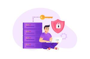 Cyber security concept in flat style with people scene. Happy man using secure access with password to his personal data at laptop and cyber attack protection. illustration for web design vector
