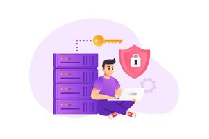 ciber seguridad concepto en plano estilo con personas escena. contento hombre utilizando seguro acceso con contraseña a su personal datos a ordenador portátil y ciber ataque proteccion. ilustración para web diseño vector