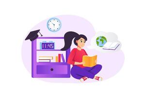 Learning process concept in flat style with people scene. Happy woman reading book and gains knowledge, studies at school or college, receives graduate diploma. illustration for web design vector