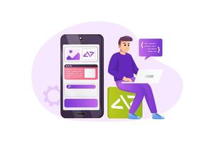 App development concept in flat style with people scene. Happy man coding, programming and creating mobile interface layout at laptop. Developer doing software. illustration for web design vector