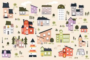 Different houses cute set in flat cartoon design. Bundle of apartment buildings, office towers, private homes of different structures and colors for cityscape. illustration isolated elements vector