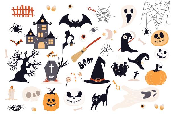 Halloween cute set in flat cartoon design. Bundle of old castle, bat, web, ghost, candy, tree, gravestone, broom, witch cap, key, pumpkin, black cat and other. illustration isolated elements