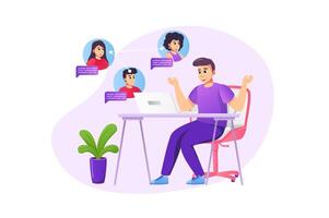 conference concept in flat style with people scene. Happy man communicate with friends or colleagues on group calling using laptop program at home. illustration for web design vector