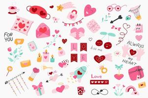 Valentines day cute set in flat cartoon design. Bundle of heart, cup, sleep mask, padlock, glasses, cupid arrow, gift, candy, cherry, calendar, flower and other. illustration isolated elements vector