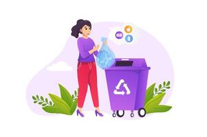 Garbage recycling concept in flat style with people scene. Happy woman collecting and separating trash and throws it into reusing container. Eco volunteer activity. illustration for web design vector