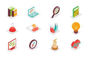 Science concept 3d isometric icons set. Bundle elements of book, data analysis, research, magnifier, calculator, test flask, pills, molecule and other. illustration in modern isometry design vector