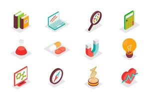 Science concept 3d isometric icons set. Bundle elements of book, data analysis, research, magnifier, calculator, test flask, pills, molecule and other. illustration in modern isometry design vector