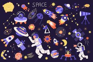 espacio linda conjunto en plano dibujos animados diseño. haz de planeta, cometa, OVNI, cohete, satélite, telescopio, constelación, estrella, astronauta, luna, astronave y otro. ilustración aislado elementos vector