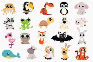 Cute animals set in flat cartoon design. Bundle of spider, toucan, dinosaur, penguin, elephant, cat, frog, turtle, dog, sheep, flamingo, owl, fox, bat and other. illustration isolated elements vector