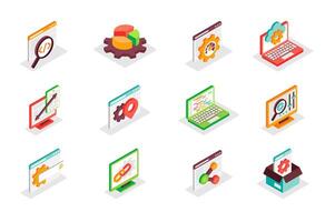 Digital development and SEO concept 3d isometric icons set. Bundle elements of code, optimization, chart, graph, settings, speed, search, link and other. illustration in modern isometry design vector