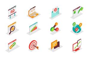 SEO and Marketing concept 3d isometric icons set. Bundle elements of advertising, optimization, content, link, settings, data analysis, traffic and other. illustration in modern isometry design vector