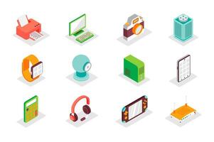 Electronics concept 3d isometric icons set. Bundle elements of printer, computer, camera, musical speaker, smart watch, tablet, calculator and other. illustration in modern isometry design vector